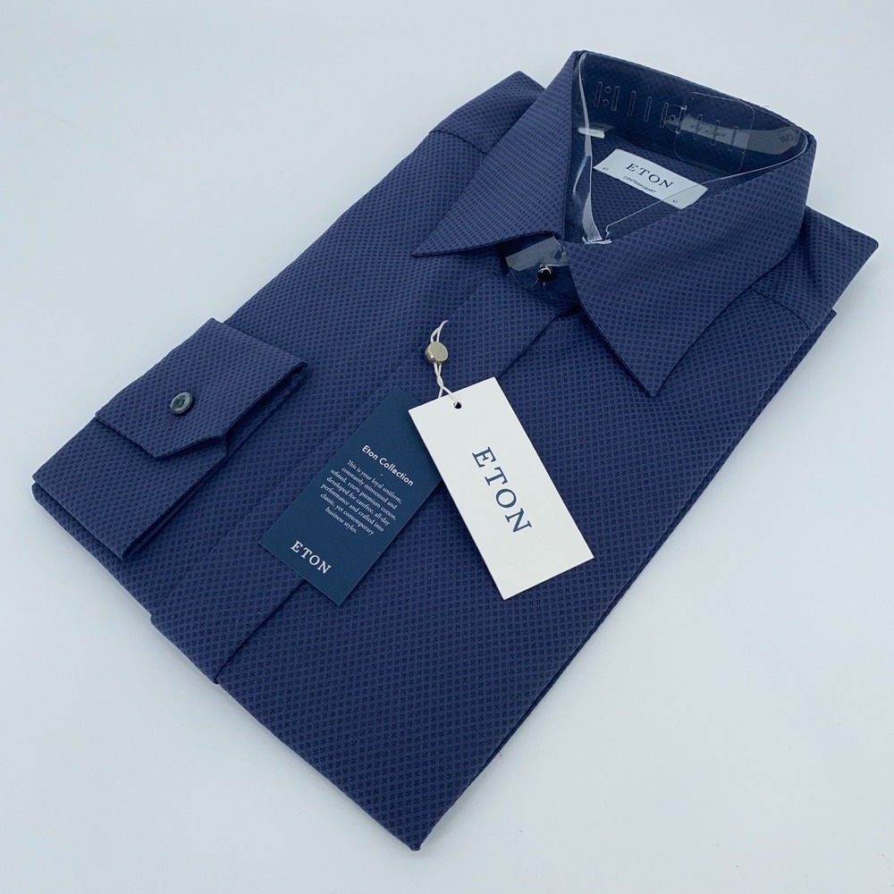 Eton Dress Shirt Men XL 17 - 43 Poplin Navy Patterned Contemporary Fit Button Up